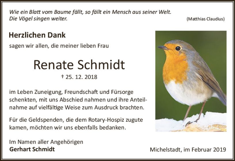  Traueranzeige für Renate Schmidt vom 02.02.2019 aus vrm-trauer