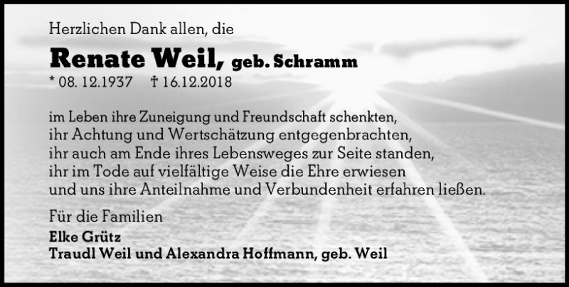  Traueranzeige für Renate Weil vom 02.02.2019 aus vrm-trauer