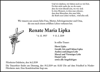 Traueranzeige von Renate Maria Lipka von vrm-trauer
