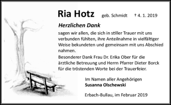 Traueranzeige von Ria Hotz von vrm-trauer