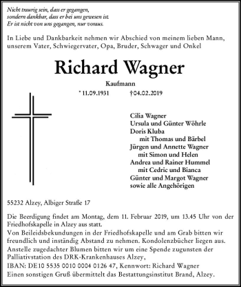 Traueranzeige von Richard Wagner von vrm-trauer