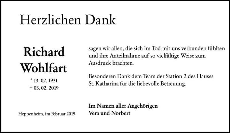  Traueranzeige für Richard Wohlfahrt vom 23.02.2019 aus vrm-trauer