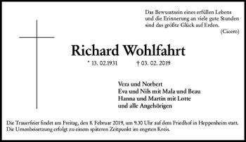 Traueranzeige von Richard Wohlfahrt von vrm-trauer