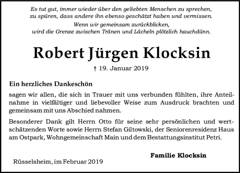  Traueranzeige für Robert Jürgen Klocksin vom 23.02.2019 aus vrm-trauer