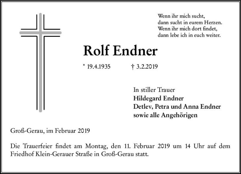  Traueranzeige für Rolf Endner vom 09.02.2019 aus vrm-trauer