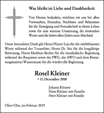 Traueranzeige von Rosel Kleiner von vrm-trauer