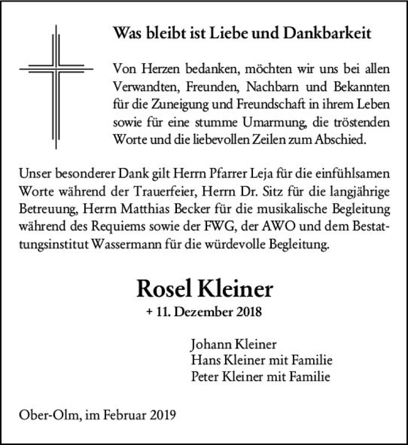  Traueranzeige für Rosel Kleiner vom 09.02.2019 aus vrm-trauer