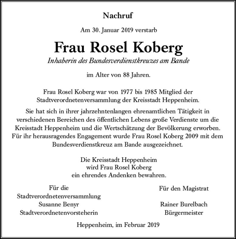  Traueranzeige für Rosel Koberg vom 08.02.2019 aus vrm-trauer