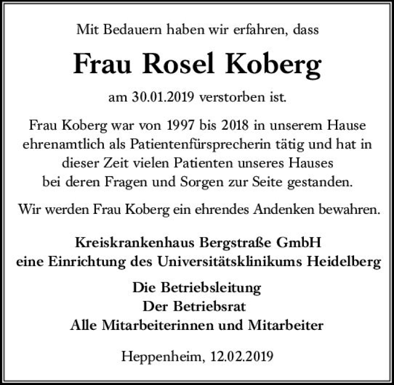  Traueranzeige für Rosel Koberg vom 14.02.2019 aus vrm-trauer