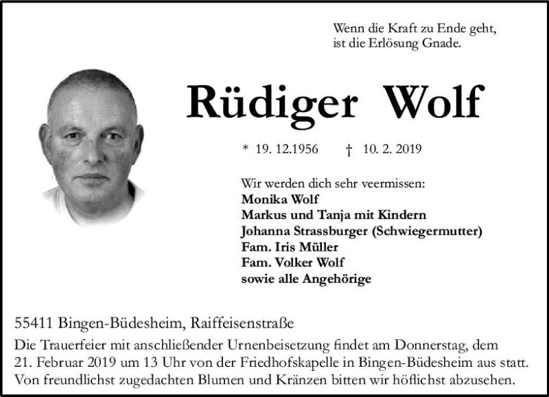 Traueranzeige für Rüdiger Wolf vom 13.02.2019 aus vrm-trauer