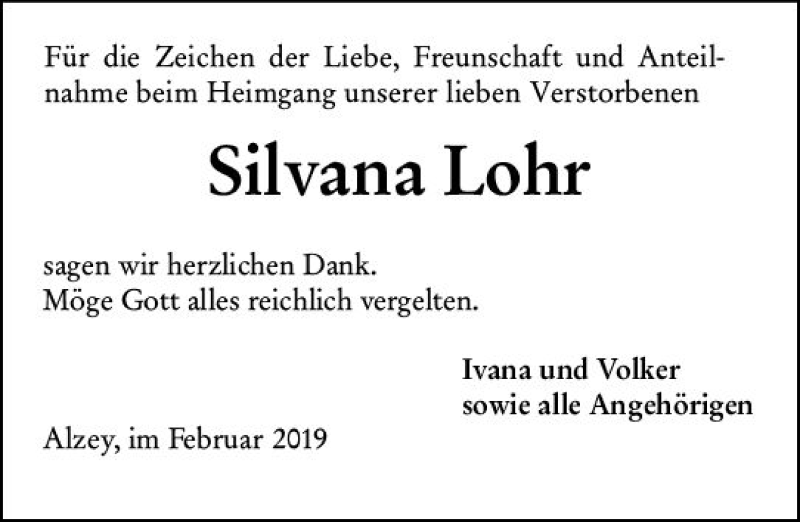  Traueranzeige für Silvana Lohr vom 05.02.2019 aus vrm-trauer