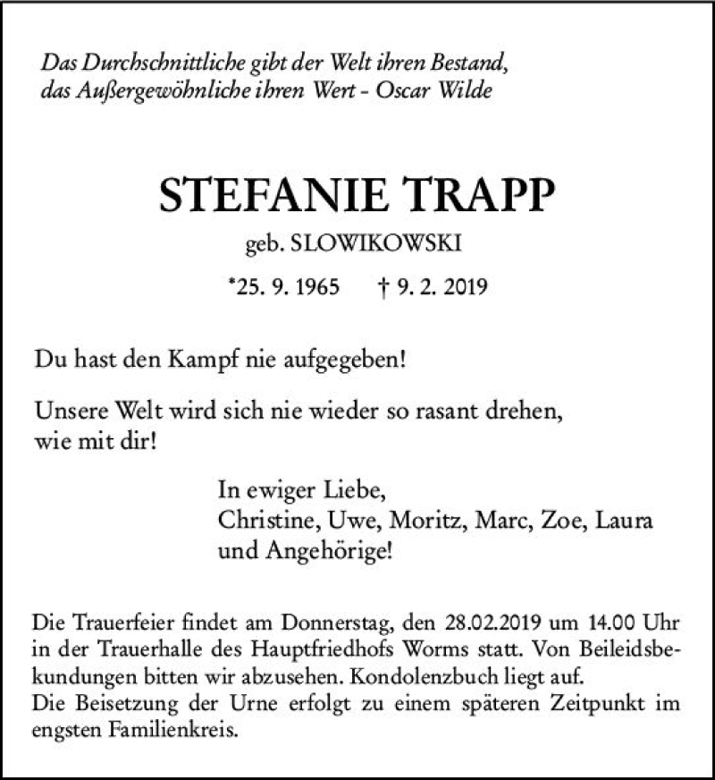  Traueranzeige für Stefanie Trapp vom 23.02.2019 aus vrm-trauer
