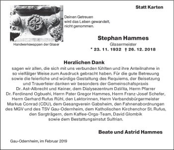 Traueranzeige von Stephan Hammes von vrm-trauer
