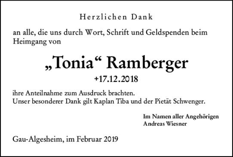  Traueranzeige für Tonia Ramberger vom 16.02.2019 aus vrm-trauer