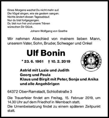 Traueranzeige von Ulf Bonin von vrm-trauer