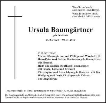 Traueranzeige von Ursula Baumgärtner von vrm-trauer