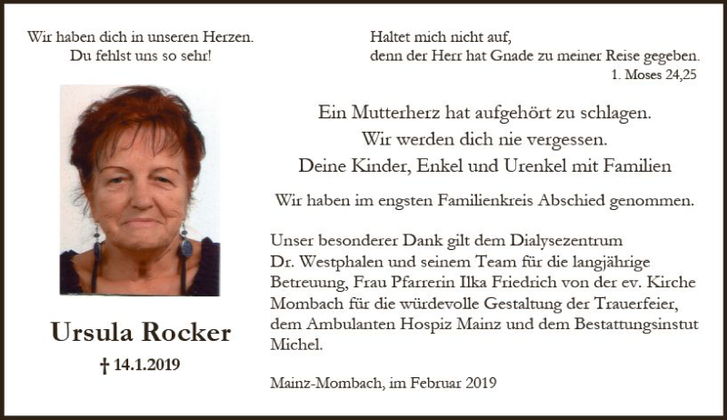  Traueranzeige für Ursula Rocker vom 16.02.2019 aus vrm-trauer