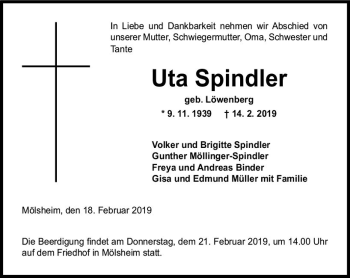 Traueranzeige von Uta Spindler von vrm-trauer