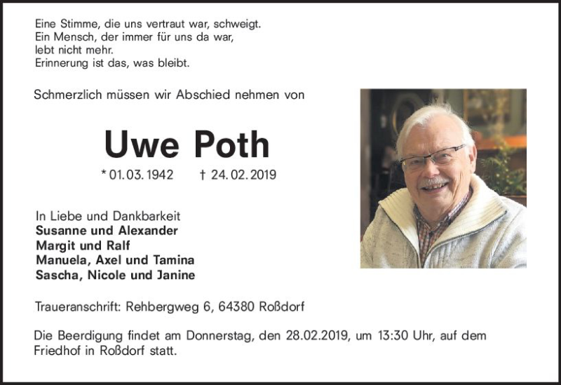  Traueranzeige für Uwe Poth vom 27.02.2019 aus vrm-trauer