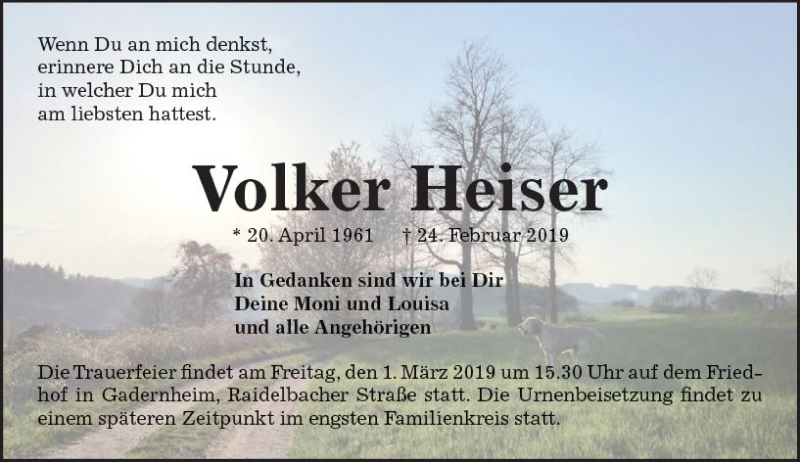  Traueranzeige für Volker Heiser vom 27.02.2019 aus vrm-trauer