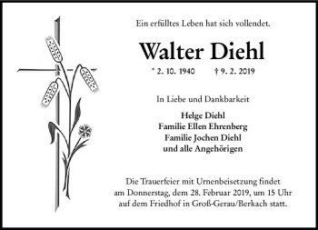 Traueranzeige von Walter Diehl von vrm-trauer