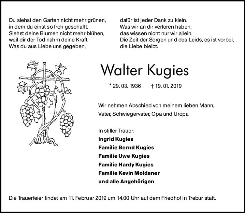  Traueranzeige für Walter Kugies vom 07.02.2019 aus vrm-trauer