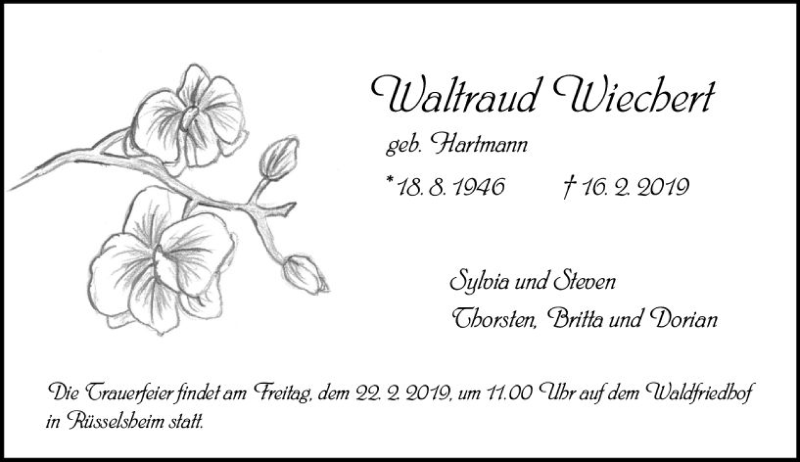  Traueranzeige für Waltraud Wiechert vom 20.02.2019 aus vrm-trauer