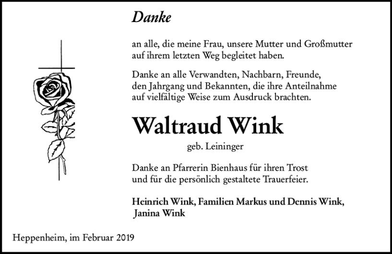  Traueranzeige für Waltraud Wink vom 23.02.2019 aus vrm-trauer