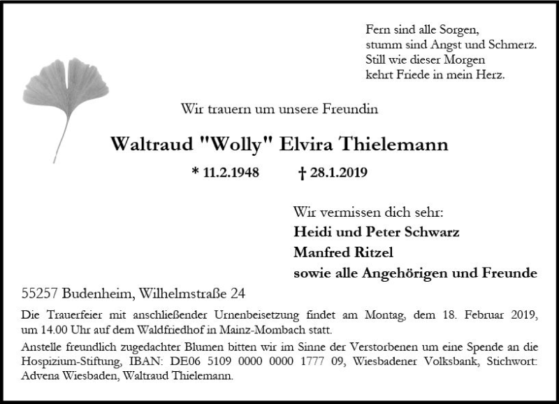  Traueranzeige für Waltraud Wolly Elvira Thielemann vom 09.02.2019 aus vrm-trauer