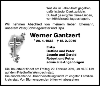 Traueranzeige von Werner Gantzert von vrm-trauer