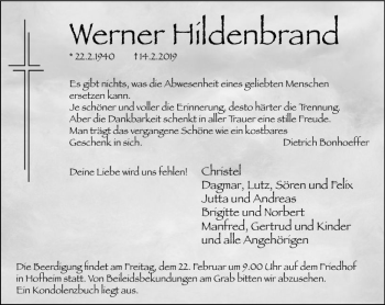 Traueranzeige von Werner Hildenbrand von vrm-trauer
