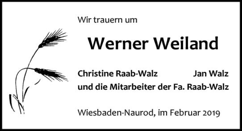  Traueranzeige für Werner Weiland vom 23.02.2019 aus vrm-trauer