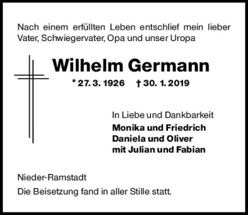 Traueranzeige von Wilhelm Germann von vrm-trauer