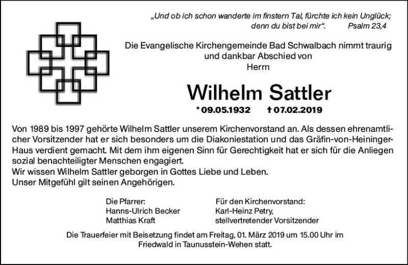  Traueranzeige für Wilhelm Sattler vom 23.02.2019 aus vrm-trauer