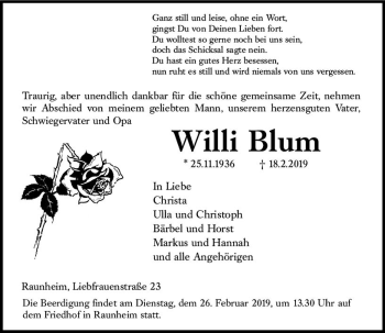 Traueranzeige von Willi Blum von vrm-trauer