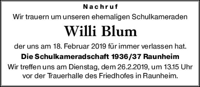  Traueranzeige für Willi Blum vom 23.02.2019 aus vrm-trauer