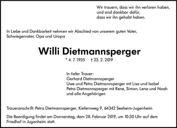 Traueranzeige von Willi Dietmannsperger von vrm-trauer