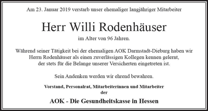  Traueranzeige für Willi Rodenhäuser vom 07.02.2019 aus vrm-trauer