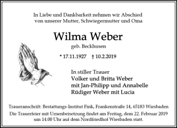 Traueranzeige von Wilma Weber von vrm-trauer