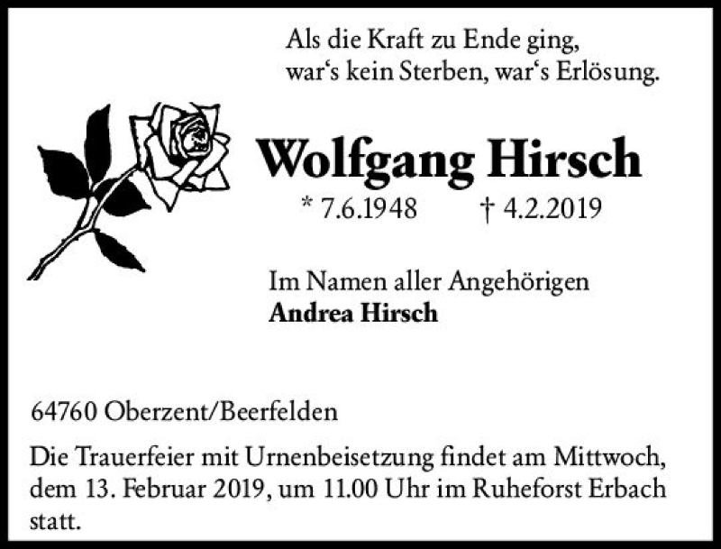  Traueranzeige für Wolfgang Hirsch vom 09.02.2019 aus vrm-trauer