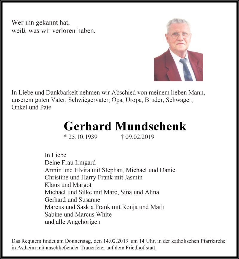 Traueranzeige für Gerhard Mundschenk vom 18.02.2019 aus vrm-trauer