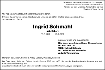 Traueranzeige von Ingrid Schmahl von vrm-trauer