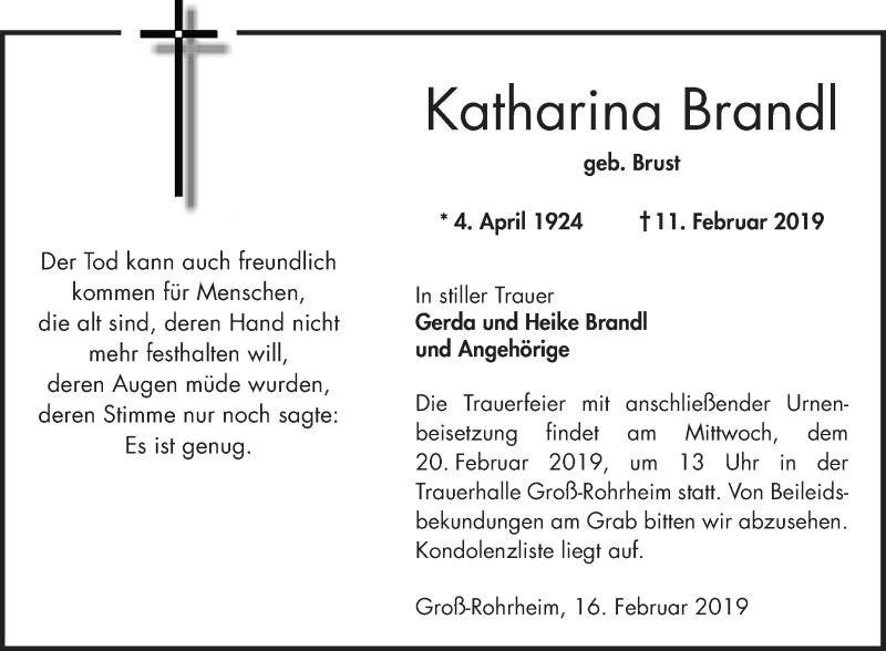 Traueranzeige für Katharina Brandl vom 16.02.2019 aus VRM Tageszeitungen