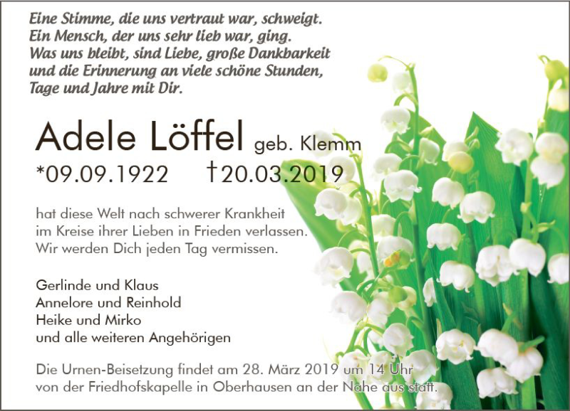  Traueranzeige für Adele Löffel vom 25.03.2019 aus vrm-trauer