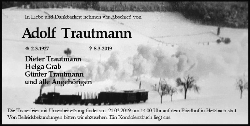  Traueranzeige für Adolf Trautmann vom 16.03.2019 aus vrm-trauer