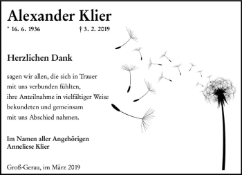 Traueranzeige von Alexander Klier von vrm-trauer