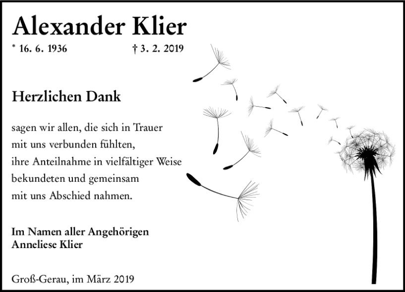  Traueranzeige für Alexander Klier vom 02.03.2019 aus vrm-trauer