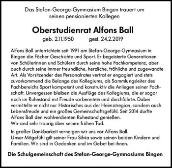 Traueranzeige von Alfons Ball von vrm-trauer