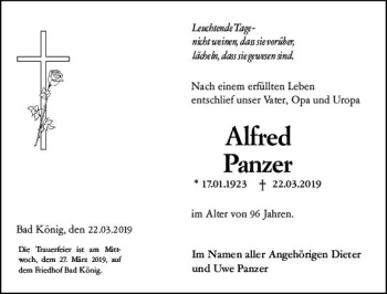 Traueranzeige von Alfred Panzer von vrm-trauer