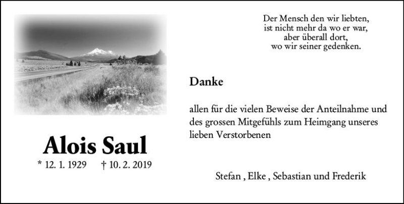  Traueranzeige für Alois Saul vom 09.03.2019 aus vrm-trauer